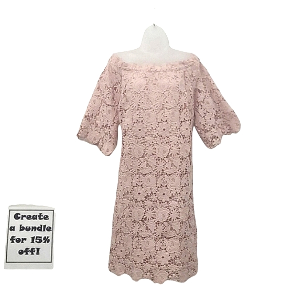 Roaman's Lace Shift Dress Trumpet Bell Sleeves Knee Length Pink Blush Floral 16w